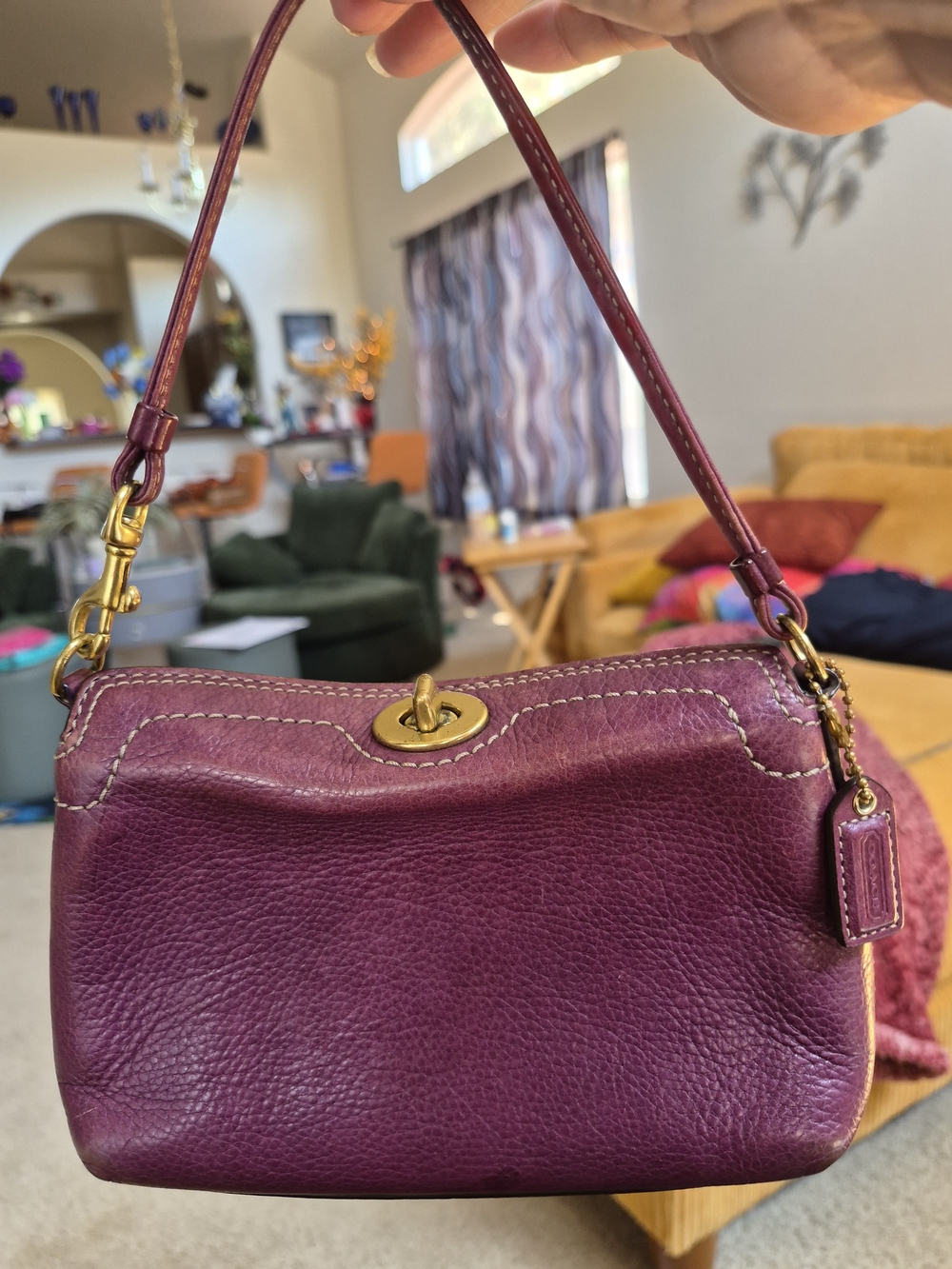 Coach Plum Mini Pebbled Leather Shoulder Bag with Gold Hardware